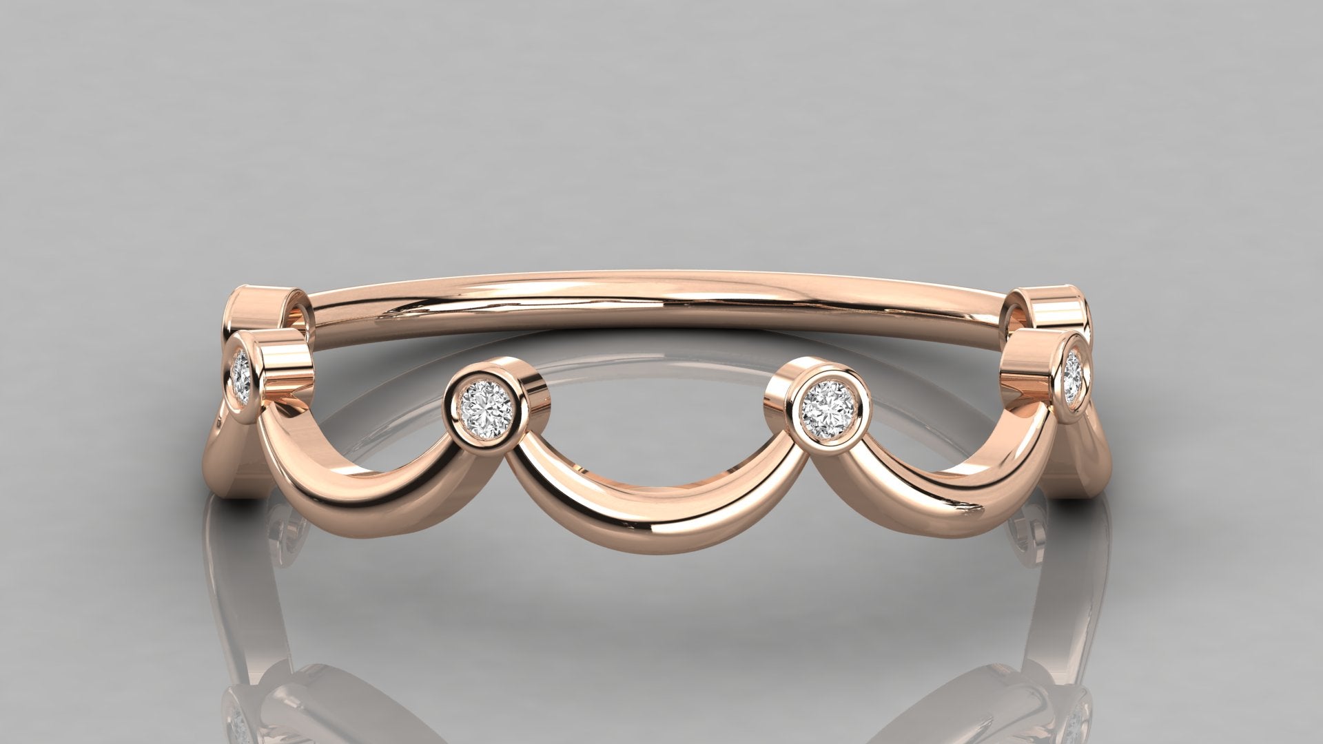 Direct front view of the Cloudia rose gold ring, focusing on the six lab diamonds integrated into the wavy band.