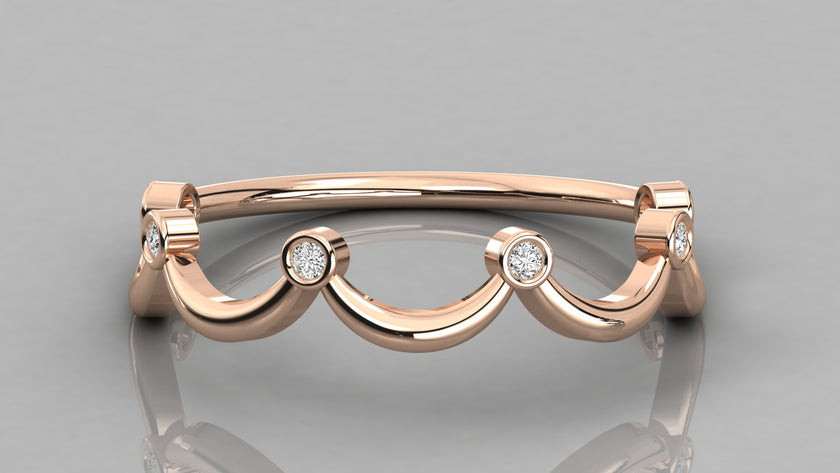 Direct front view of the Cloudia rose gold ring, focusing on the six lab diamonds integrated into the wavy band.