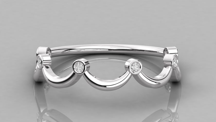 Frontal view of the Cloudia white gold band, showcasing six brilliant-cut diamonds in a wavy gold frame.