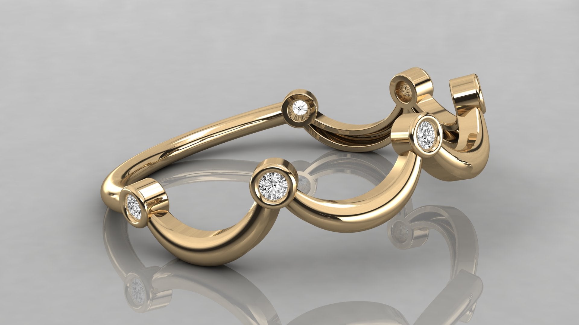 Horizontal view of the Cloudia yellow gold ring lying down, highlighting the smooth fluid lines of the wavy silhouette.