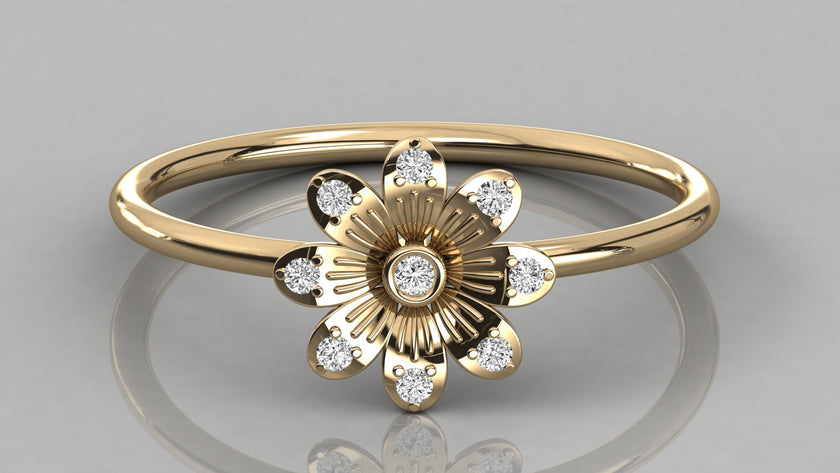 Draufsicht Helia Blumenring Gelbgold, luxuriöse Textur und strahlender Glanz der Labordiamanten.