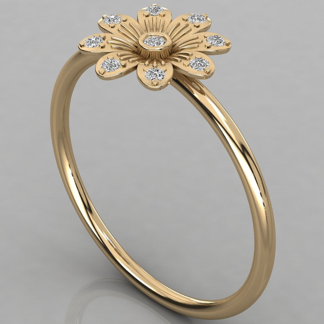 Filigraner Helia Goldring (585 Gelbgold) im Sonnenblumen-Design mit Brillantschliff-Labordiamanten.
