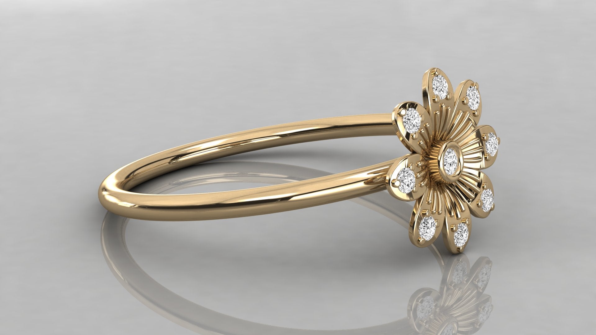 Profilansicht Helia Ring Gelbgold (585), handgearbeitetes Blumendesign mit funkelndem Edelsteinbesatz.