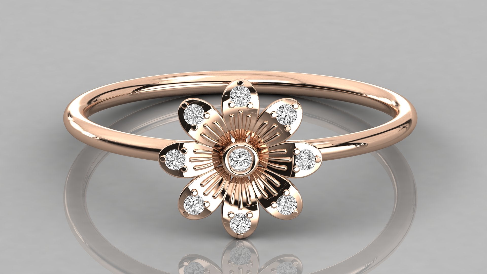 Draufsicht auf das Modell Helia in Rosegold: Symmetrische Blumenform mit brillanten Labordiamanten.