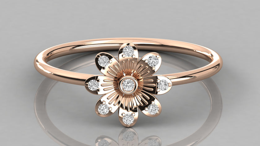 Draufsicht auf das Modell Helia in Rosegold: Symmetrische Blumenform mit brillanten Labordiamanten.