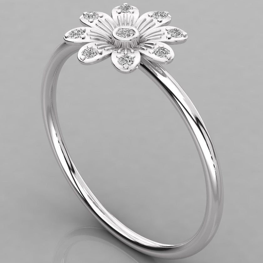 Exklusiver Helia Blumenring aus massivem 14K Weißgold mit nachhaltigen Labordiamanten von AkoVia Schmuckwerkstatt.