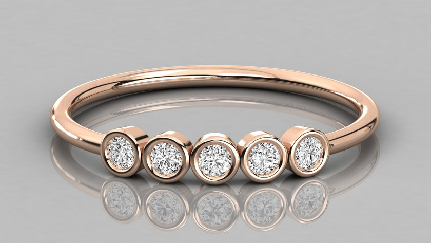 Direct frontal view of the Luna 14k rose gold ring highlighting the symmetrical row of five sparkling 2.0mm diamonds.