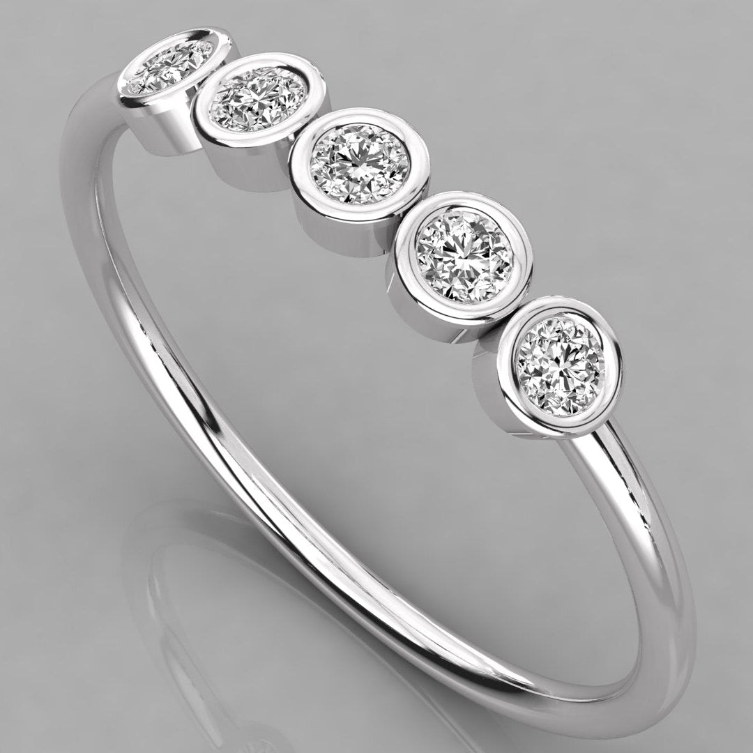 Three-quarter perspective of the Luna white gold 585 stackable ring with five sustainable 2.0mm lab-grown diamonds.