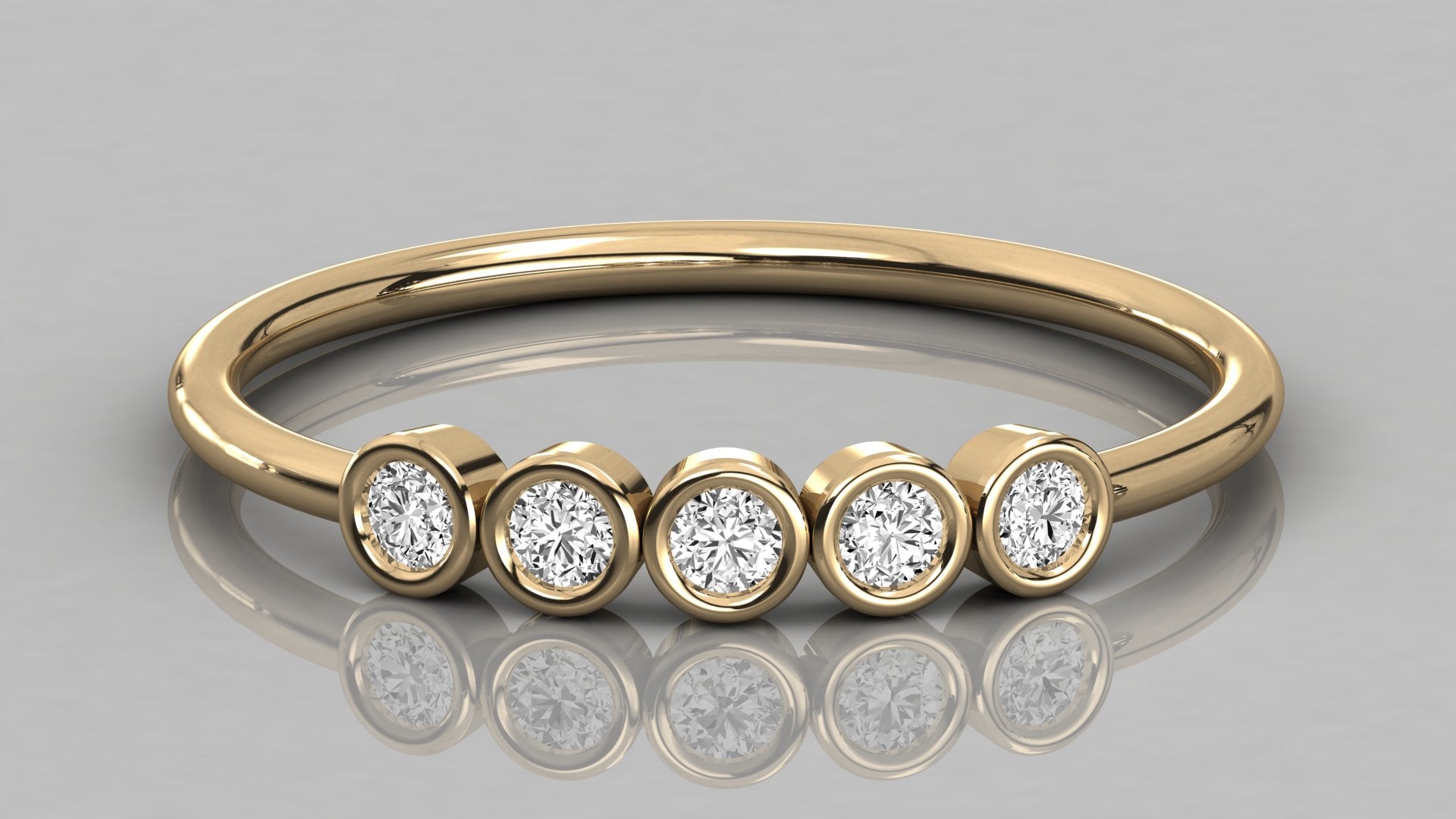 Front-on view of the Luna 14k yellow gold ring showcasing the radiant row of five lab-grown diamonds in a classic band.