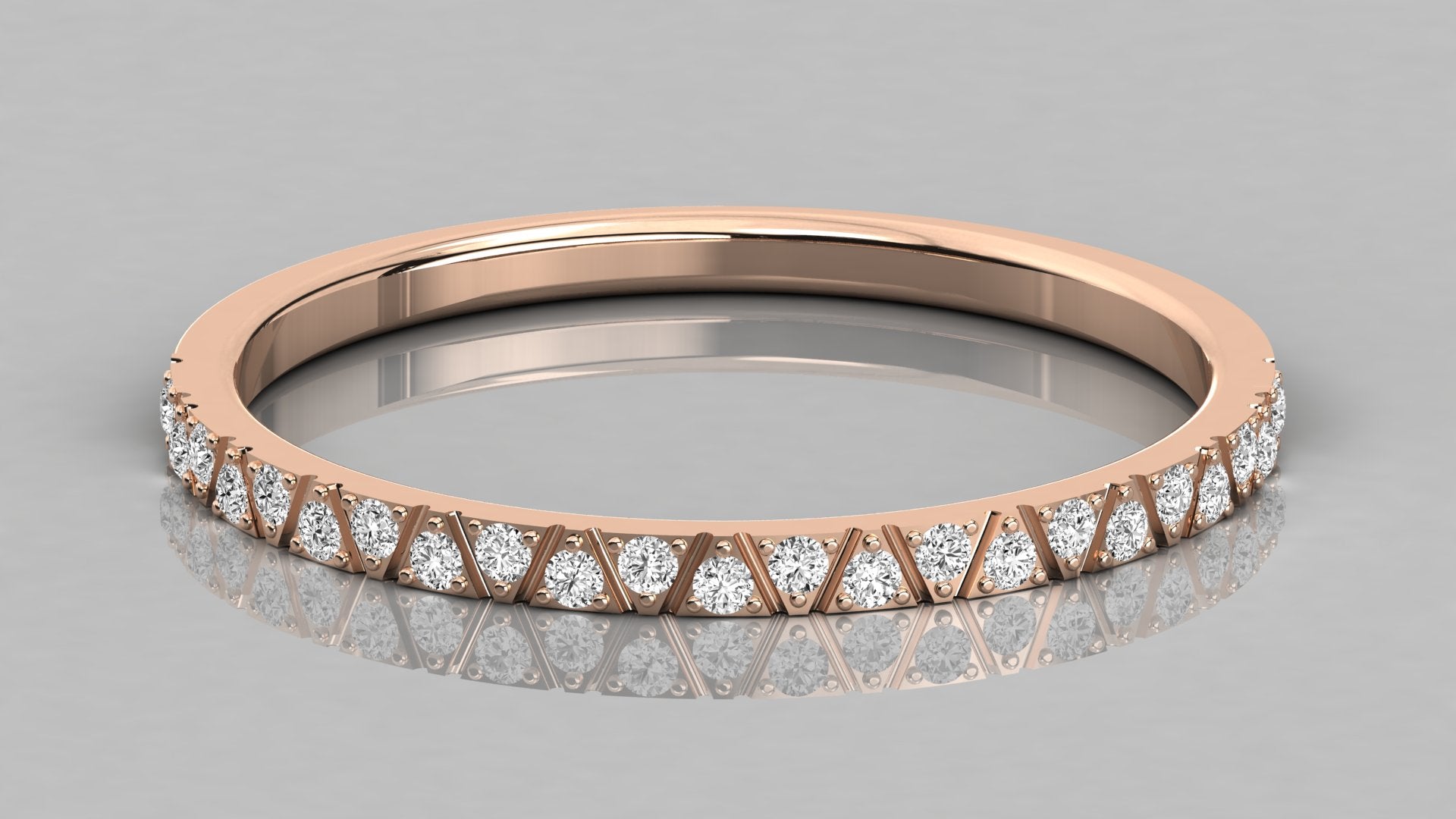 Direct frontal view of Nova 14k rose gold ring showcasing the row of 1.1mm lab diamonds.