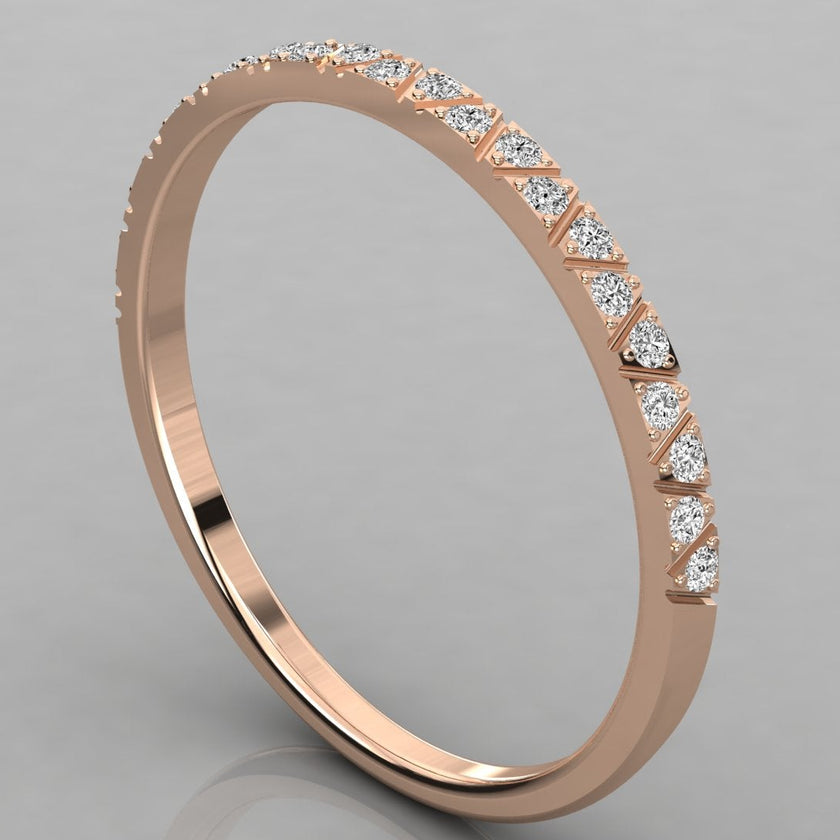 Perspective view of the Nova rose gold eternity ring with 23 sparkling diamonds.