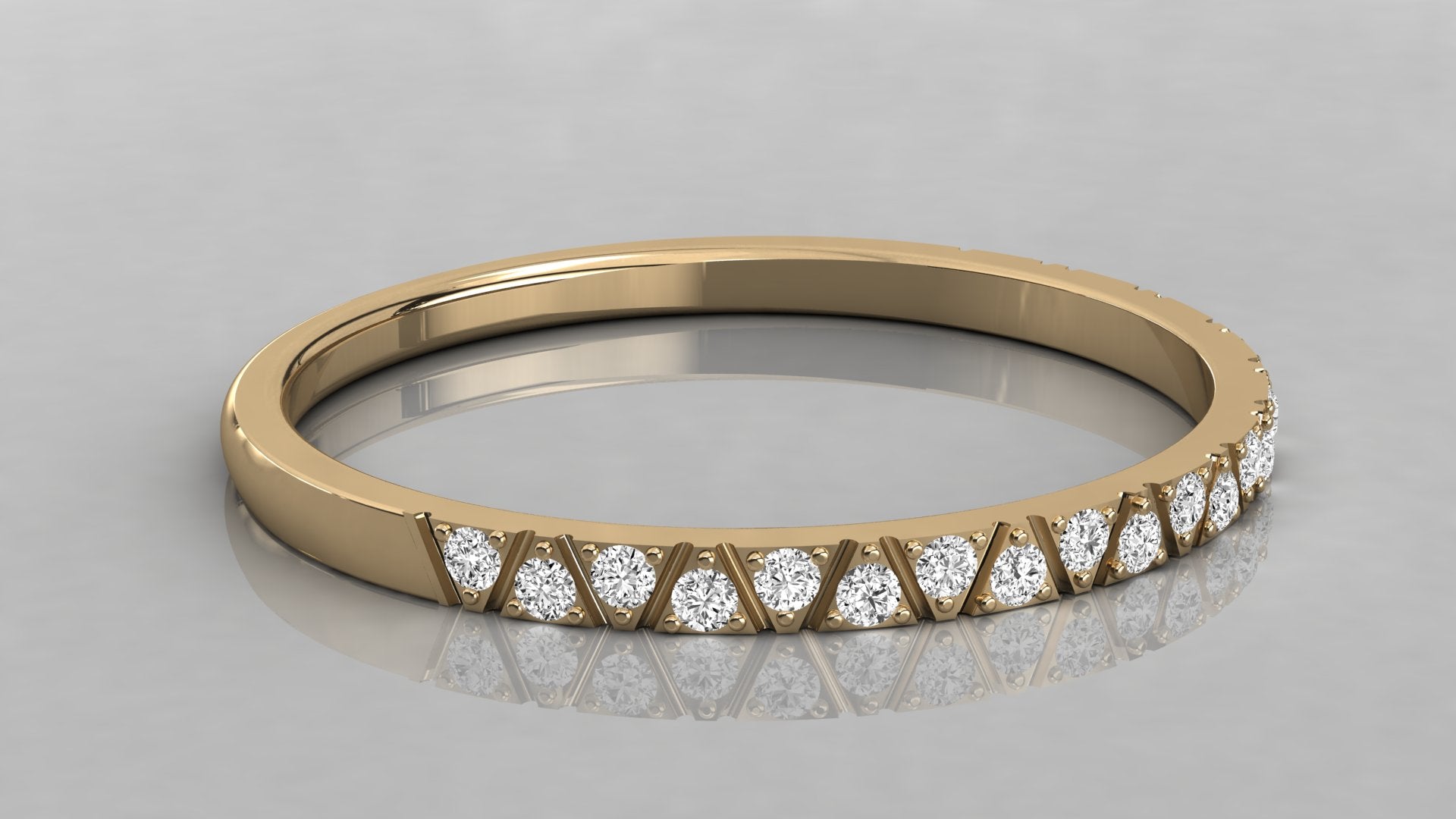 Low-angle view of Nova yellow gold stackable ring showcasing the total weight of 0.16 ct.