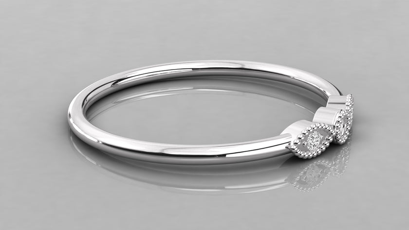 Detailed 3D view of the Selene 14K white gold ring from the right, showing the intricate milgrain bezel craftsmanship.