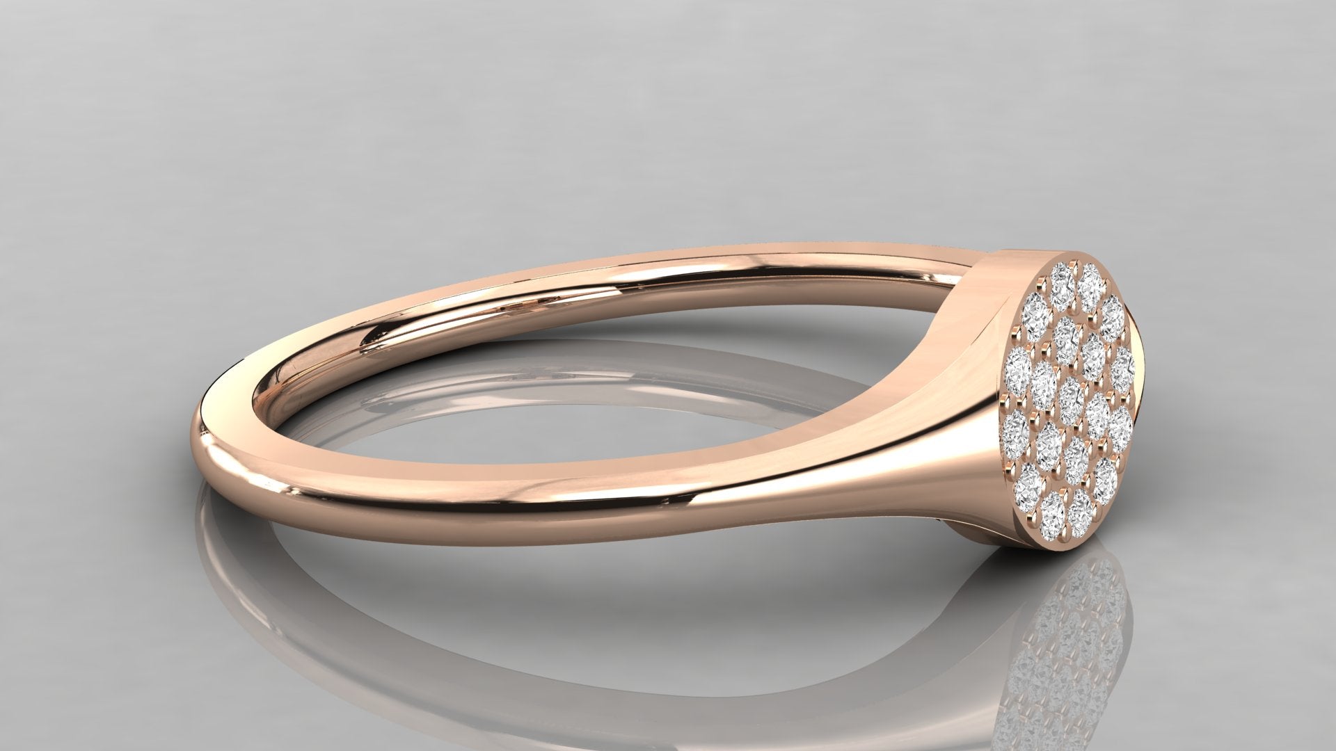 Side profile of the Stella rose gold signet band, highlighting the comfortable low profile and the flush setting of 19 diamonds.