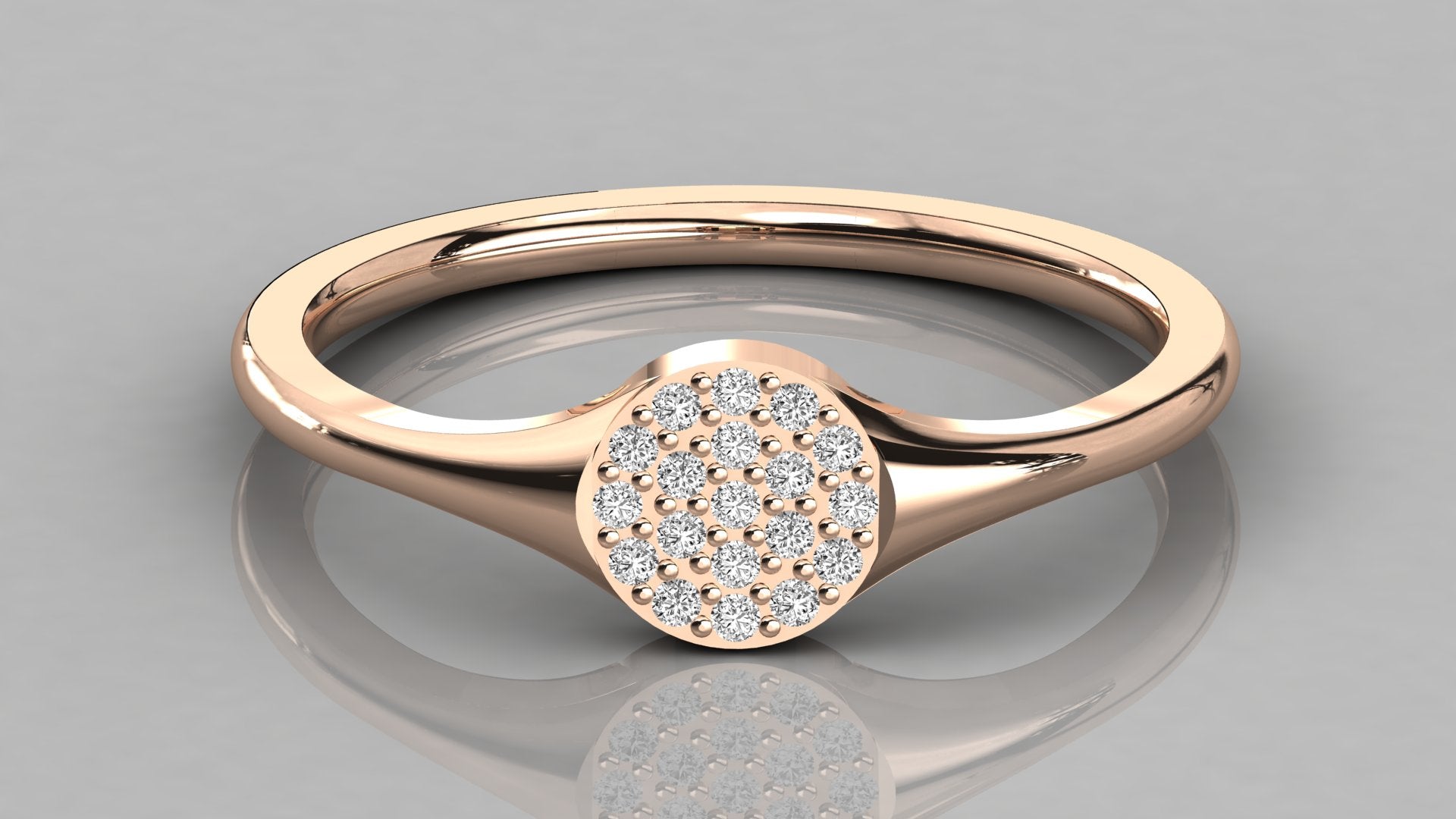 Direct top-down view of the Stella 14K rose gold signet ring showcasing the brilliant 0.10ct lab-grown diamond cluster.
