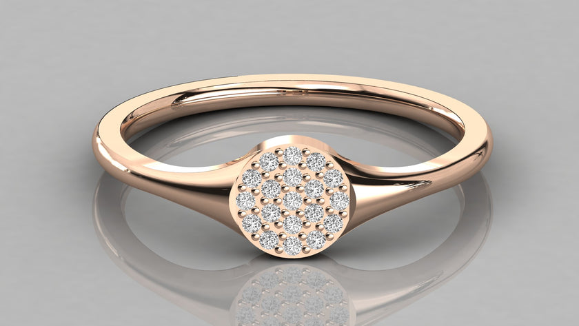 Direct top-down view of the Stella 14K rose gold signet ring showcasing the brilliant 0.10ct lab-grown diamond cluster.