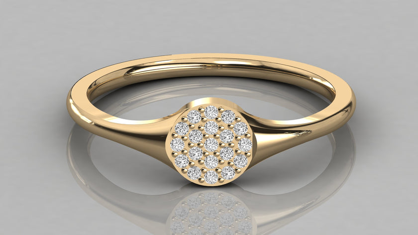 Close-up top view of the Stella yellow gold modern signet ring, highlighting the brilliant sparkle of the nineteen 1mm lab diamonds.