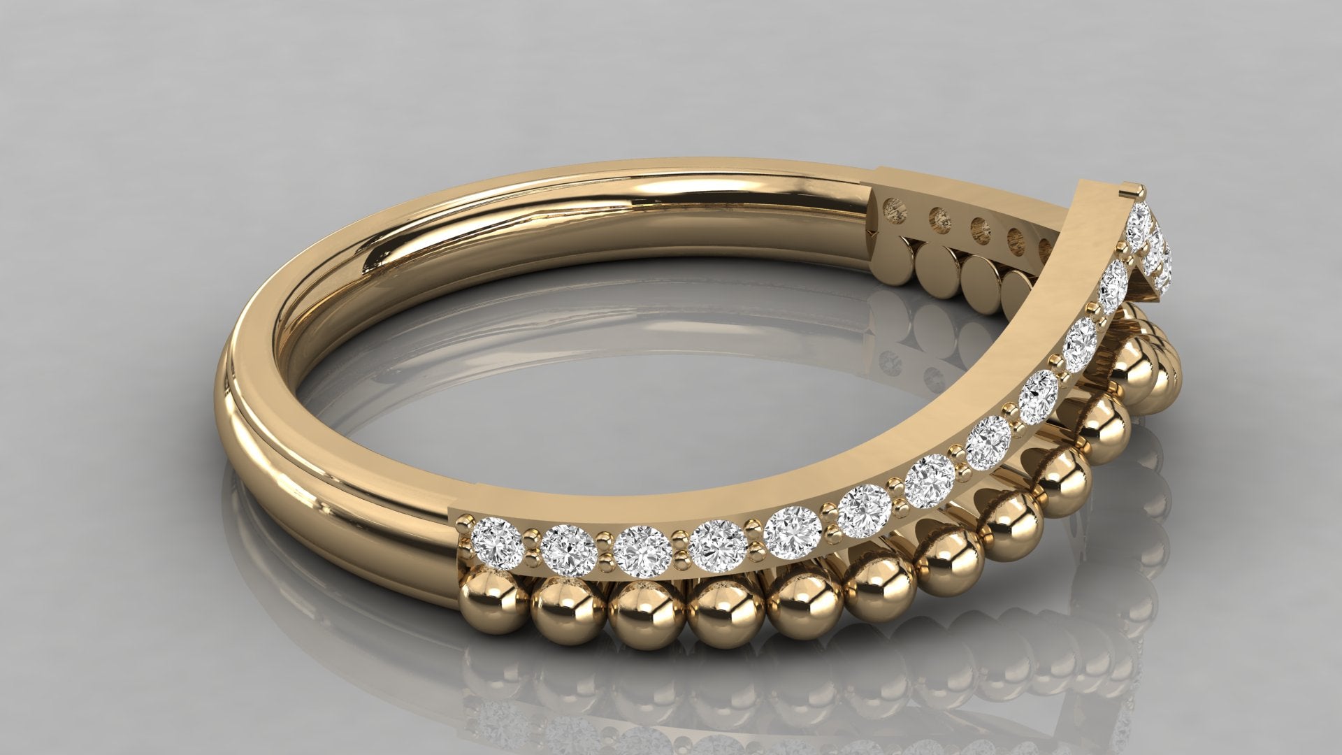 Seitenansicht des Vesta Rings in Gelbgold, zeigt das einzigartige Duo-Design mit Perldraht-Optik und Diamantbesatz.