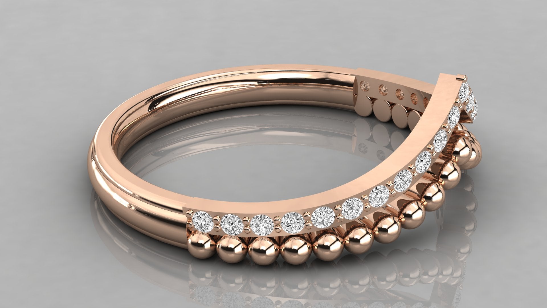 Profilansicht des Vesta Chevron-Rings in Rosegold, ideal als Beisteckring für Verlobungsringe geeignet.