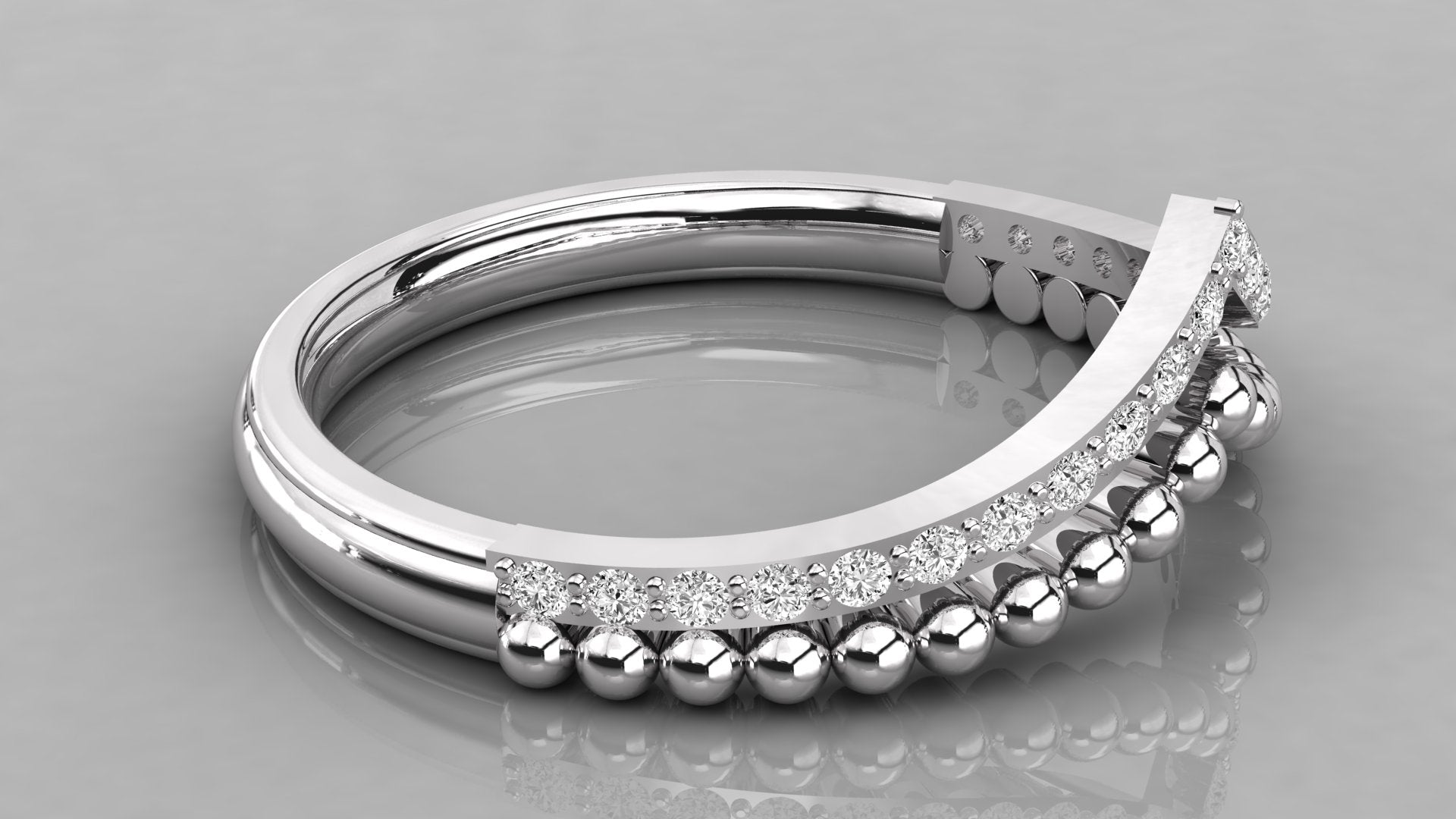 Detailansicht Vesta Ring Weißgold: Präzise gefasste Labordiamanten treffen auf eine filigrane Beaded-Schiene.