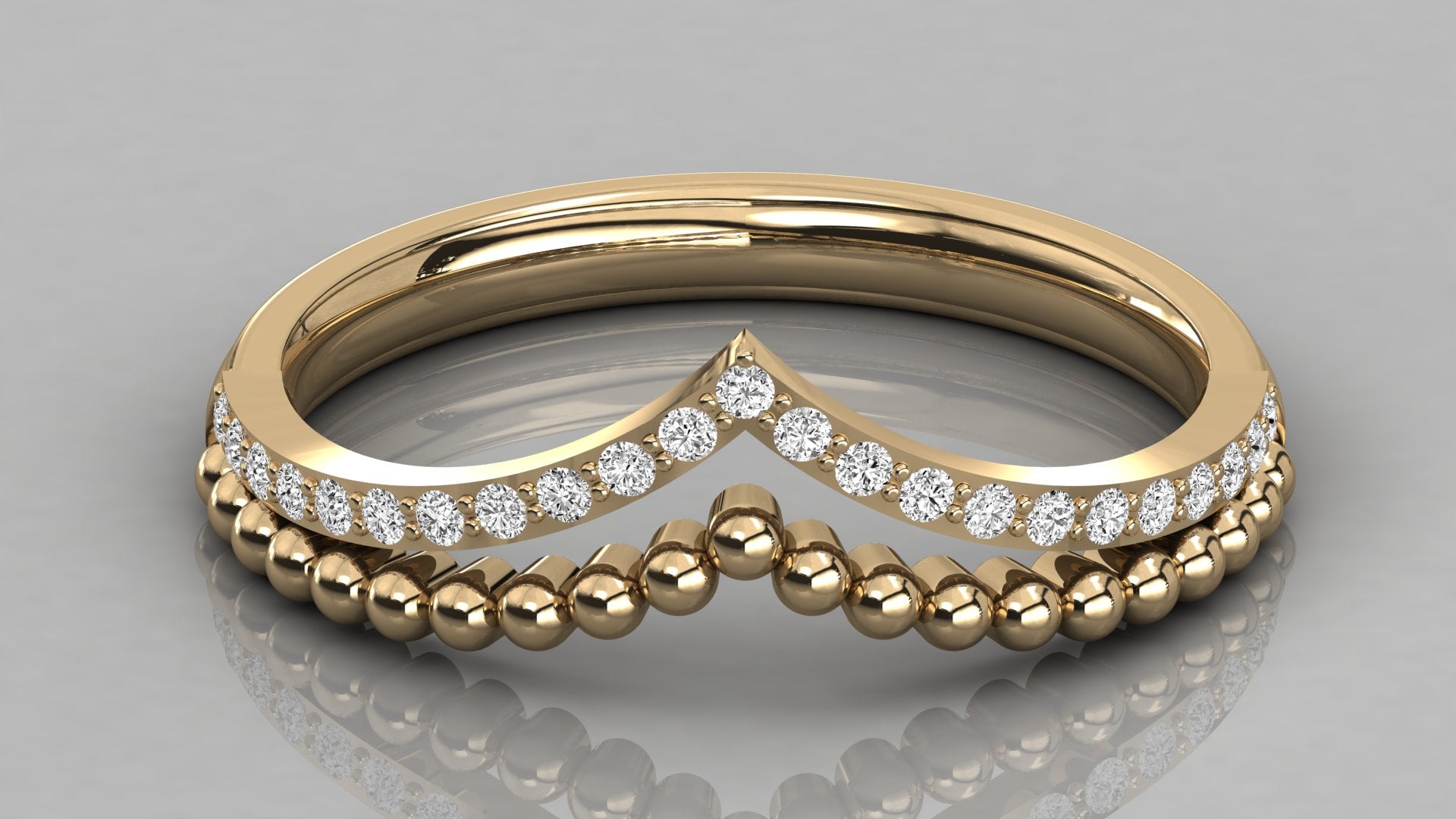 Draufsicht Vesta Ring Gelbgold: Symmetrisches V-Design mit brillanten Labordiamanten, handgearbeitetes Echtgold.