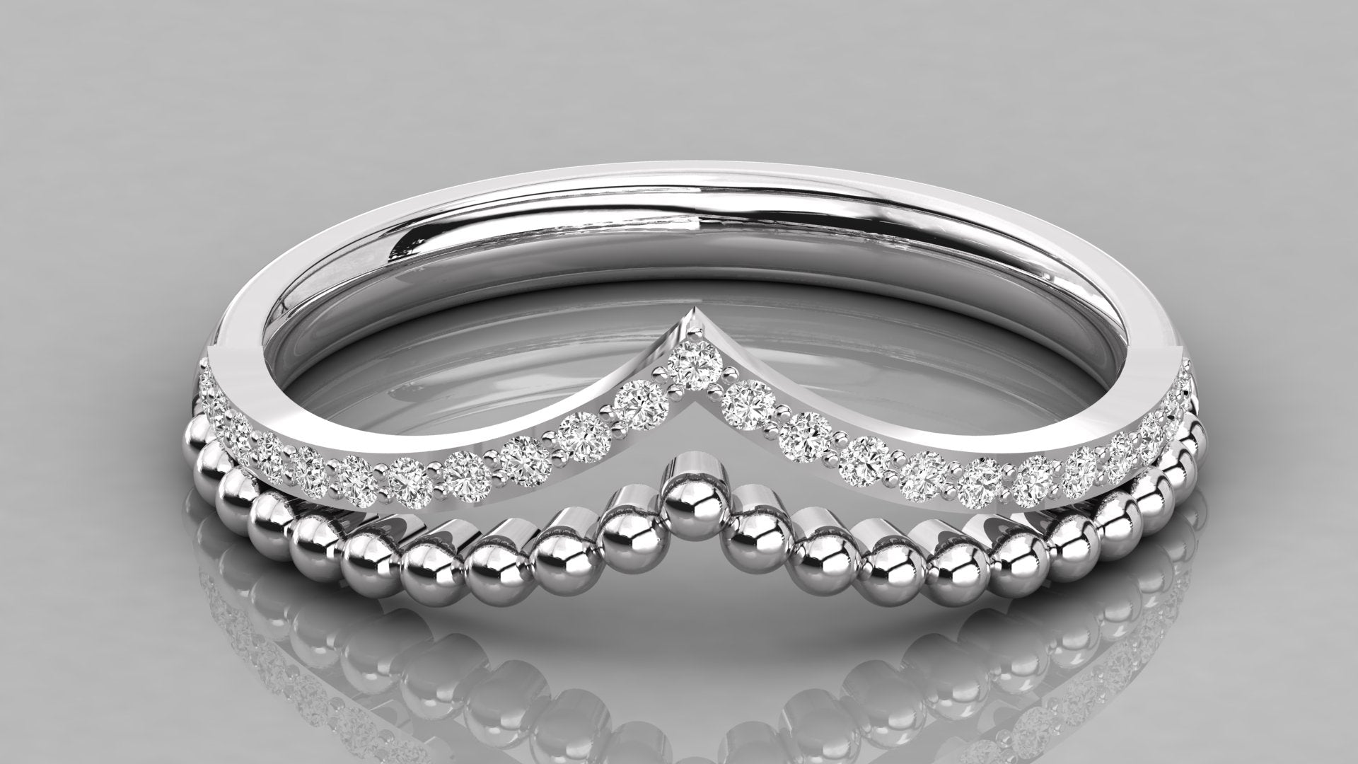 Draufsicht Vesta Ring Weißgold: Funkelndes Chevron-Muster mit ethischen Diamanten, exklusives AkoVia Design.